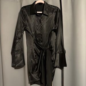 Elegant Black Satin Shirt Dress